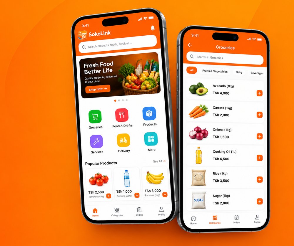 SokoLink app: home screen and the Groceries list